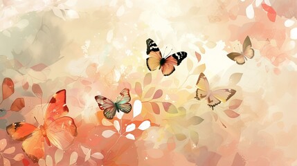 Various butterflies with transparent wings among pastel-colored foliage on a gradient background