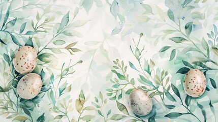 Watercolor Easter eggs in white with vibrant red and orange speckles. Artistic Easter eggs nestled in a bed of watercolor greenery. - obrazy, fototapety, plakaty