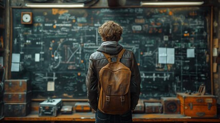 Experienced scholar engrossed in detailed physics research on a chalkboard, in a room filled with ancient texts, portraying a bridge between past and present knowledge. - obrazy, fototapety, plakaty