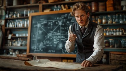 Experienced scholar engrossed in detailed physics research on a chalkboard, in a room filled with ancient texts, portraying a bridge between past and present knowledge.