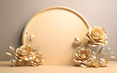 soft gold color beautiful flowers leaf in studio 3D rendering podium for product display wallpaper