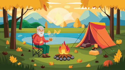Obraz na płótnie Canvas Cozy Autumn Retreat: Senior Camper Enjoying Tea by the Pond - Vector Illustration for Outdoor Enthusiasts and Adventure Seekers