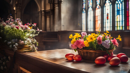 Fototapeta na wymiar Easter Basket, Colorful Eggs and Floral Decor Illuminated by Contoured Light, Against Blurred Background of Beautiful Church with Stained Glass Windows - Springtime Radiance