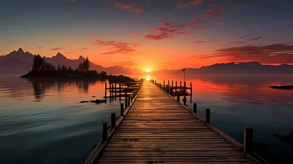 Foto op Plexiglas Mid shot of minimalist pier extending into lake © xuan