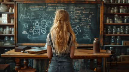 Sage academic pens sophisticated physics theories on a blackboard, in an environment rich with classical literature, epitomizing the fusion of art and science