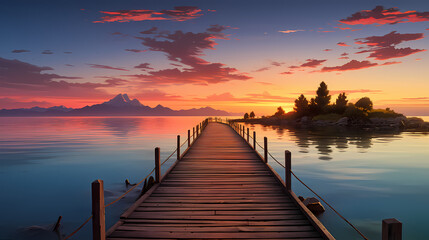 Fototapeta premium Mid shot of minimalist pier extending into lake
