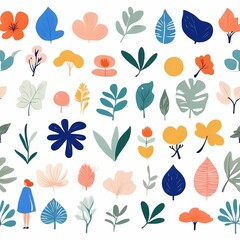 A collection of seamless pattern, colorful abstract plants and flowers. Hand drawn Collection of leaves and flowers. A close up of a pattern of flowers and leaves.
