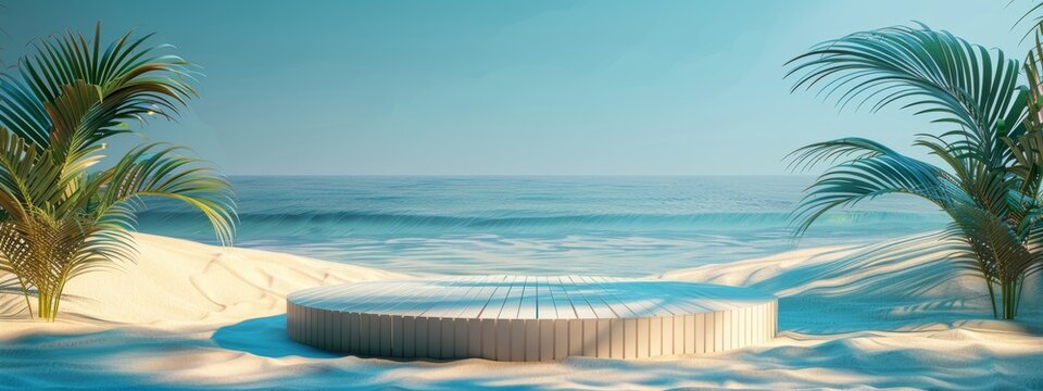 Beach podium summer background sand product 3D sea display platform. Beach podium summer banner stand scene sale sky holiday vacation stage water island sun travel pedestal promotion presentation ad.