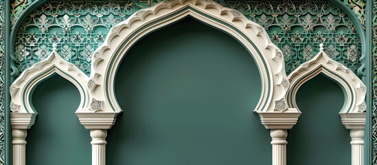 A luxurious Arabic background with stylish white and green patterns and an ornate arch frame. Suitable for cultural events or elegant designs.