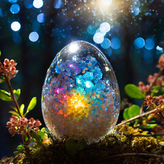 Glass Easter egg with bright flowers inside. Pink flowers and plants in the forest with blue glittering light.