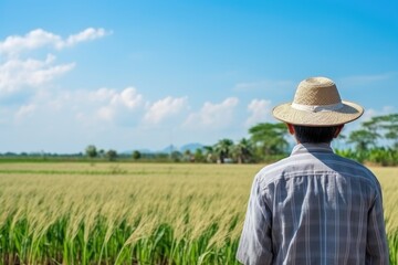 Back view of a man in a hat looking out over a verdant field of tall rice plants under a cloudy sky. Man Gazing Across Lush Rice Field Landscape