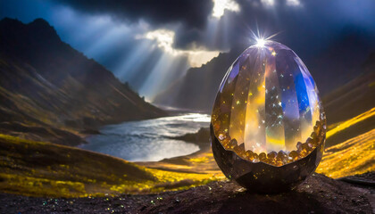 The sun's rays illuminate the crystal Easter egg. Blurred lake and mountainsbackground, spectacular light.