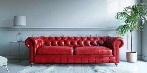 A red leather couch sitting in a living room