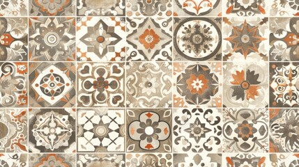  a close up of a tiled wall with orange and gray flowers and circles in the middle of the tile pattern.