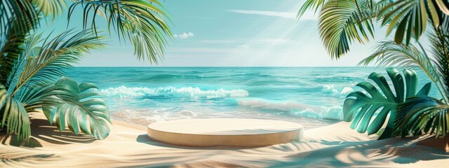 Beach podium summer background sand product 3D sea display platform. Beach podium summer banner stand scene sale sky holiday vacation stage water island sun travel pedestal promotion presentation ad. - Powered by Adobe