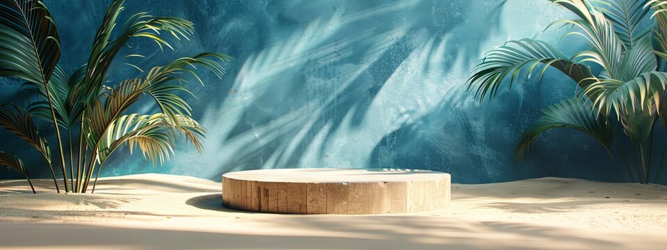 Beach podium summer background sand product 3D sea display platform. Beach podium summer banner stand scene sale sky holiday vacation stage water island sun travel pedestal promotion presentation ad.