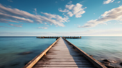 Obraz premium Mid shot of minimalist pier extending into lake