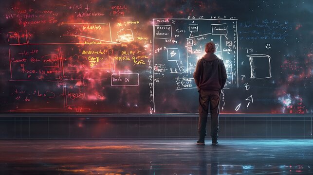 Mature intellectual solves profound physics equations on a blackboard, in a study adorned with age-old books, mirroring the pursuit of universal truths