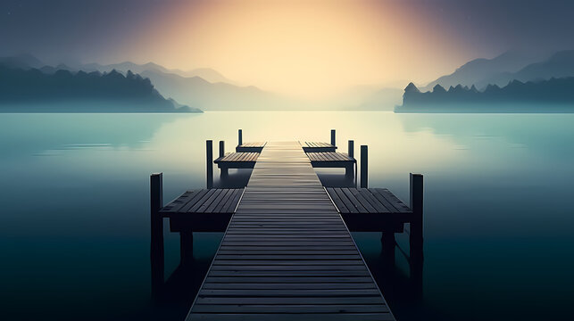 Fototapeta Mid shot of minimalist pier extending into lake