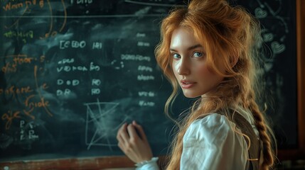 Mature intellectual solves profound physics equations on a blackboard, in a study adorned with age-old books, mirroring the pursuit of universal truths - obrazy, fototapety, plakaty