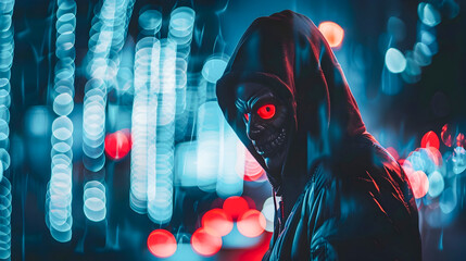 Cyber Attacker in Asian Style Dress with Red Eyes - obrazy, fototapety, plakaty