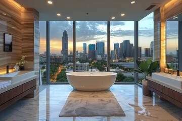 Urban bathroom design featuring panoramic sunset city vistas