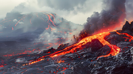 Volcano with Lava and Colored Smoke in Hyper-Detailed Rendering