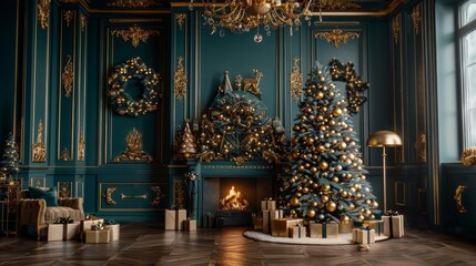 Festive christmas tree with golden ornaments and gifts on green background, holiday concept