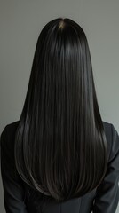 Back view of a business woman with long black hair, studio shot
