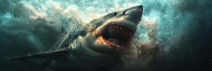 Jaw-dropping presentation: Great white shark exhibits its impressive jaws in a dynamic display - obrazy, fototapety, plakaty