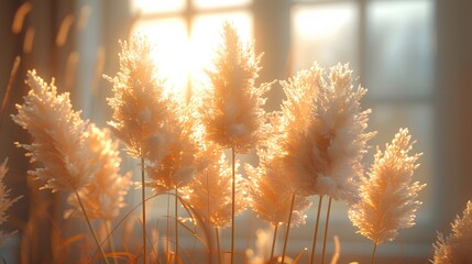Immerse yourself in the sophisticated ambiance of neutral pampas grass and reeds, bathed in sunlight. - obrazy, fototapety, plakaty