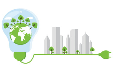 Ecology concept,the world is in the energy saving light bulb green,vector illustration. green eco city