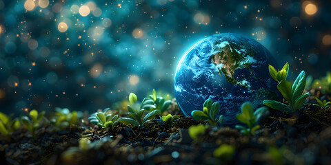 Fototapeta na wymiar Carbon natural forest with earth, Net zero greenhouse gas emissions , Environment concept for net zero emissions Globe earth on green grass in forest with bokeh background.