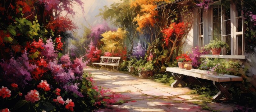 An artistic representation of a path surrounded by colorful flowers and trees, leading to a charming house in the natural landscape
