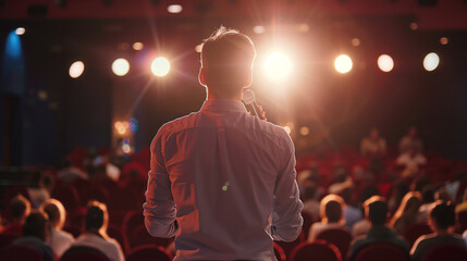 Male motivational speaker on stage in front of audition having presentation