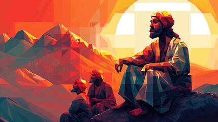 A man sitting on top of a rock next to a mountain, Jesus Christ illustration - obrazy, fototapety, plakaty