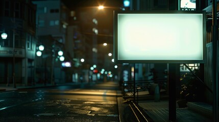 A blank signboard captures the night, positioned on a street for maximum visibility
