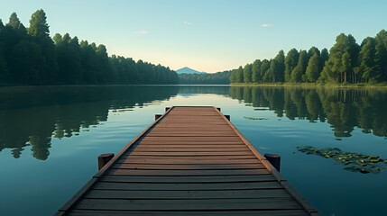 Wooden pier on the lake at dawn - obrazy, fototapety, plakaty