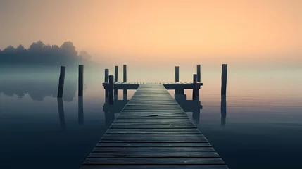 Raamstickers Wooden pier on the lake at dawn © xuan