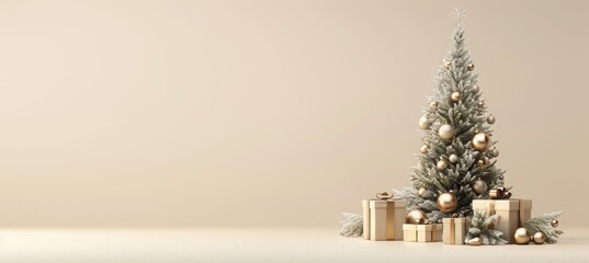 Festive christmas tree adorned with golden baubles and gifts on elegant beige background