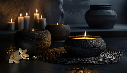 Moody picture of a zen inspired spa scene with candles on a dark background