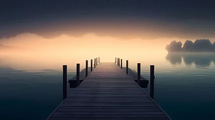 Fotobehang Wooden pier on the lake at dawn © xuan