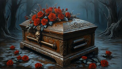 A grimly enchanting time capsule, frozen in macabre elegance a rusting casket adorned with intricate carvings of skulls and roses, set against a backdrop of swirling mist and moonlit shadows. This hau - obrazy, fototapety, plakaty