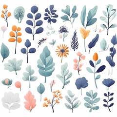 Fototapeta premium A collection of seamless pattern, colorful abstract plants and flowers. Hand drawn Collection of leaves and flowers. A close up of a pattern of flowers and leaves. 