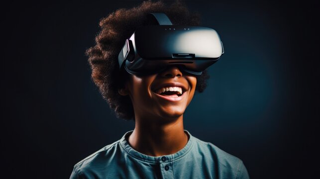 African American Boy with VR glasses play with a virtual videogame. online communication and training