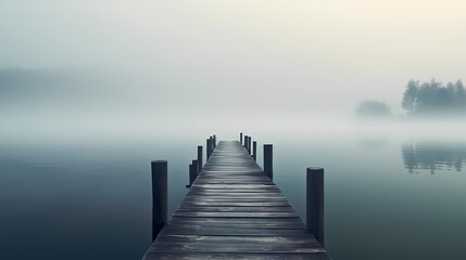 Wooden pier on the lake at dawn - obrazy, fototapety, plakaty
