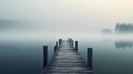 Tuinposter Wooden pier on the lake at dawn © xuan