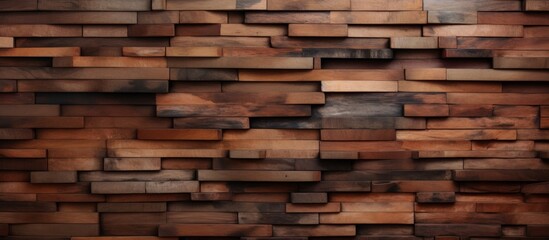 A detailed closeup of a wooden wall constructed with rectangular beige hardwood blocks, showcasing the beauty of wood grain and stain