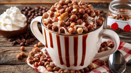  a close up of a cup of food on a table with a spoon and a cup of coffee in the background.