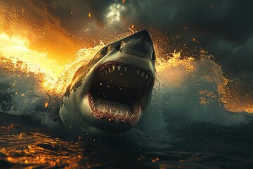 Predatory prowess: Great white shark exhibits its formidable jaws in a dynamic showcase - obrazy, fototapety, plakaty